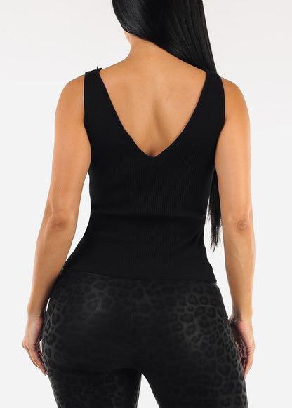 Stretchy Sleeveless Vneck Ribbed Top Black