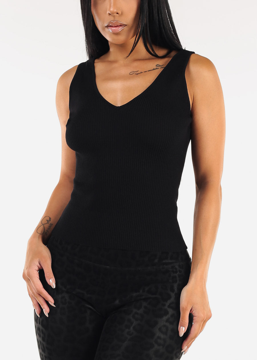 Stretchy Sleeveless Vneck Ribbed Top Black