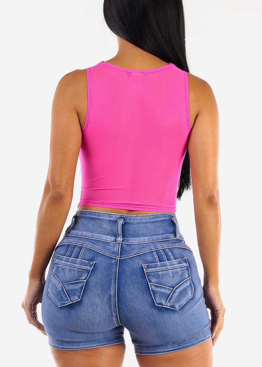 Ruched Sleeveless Mesh Top Neon Fuchsia