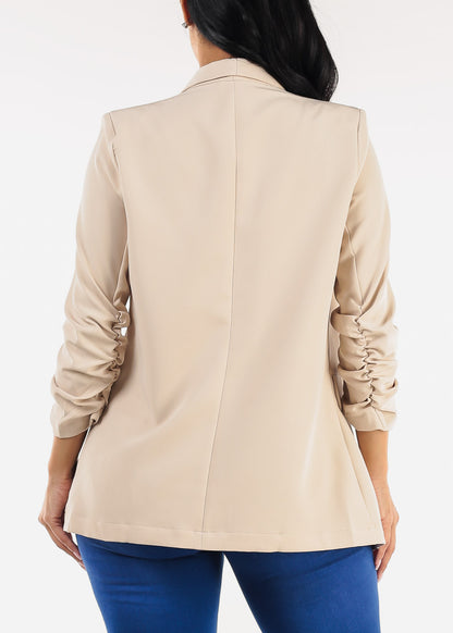Quarter Sleeve Open Front Blazer Beige
