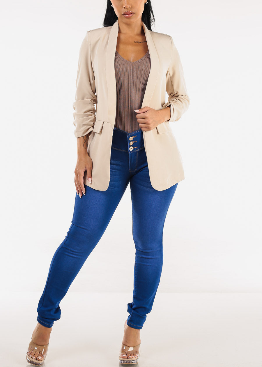 Quarter Sleeve Open Front Blazer Beige