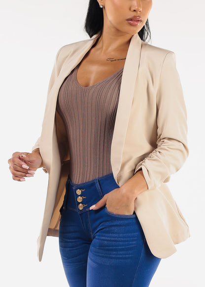 Quarter Sleeve Open Front Blazer Beige
