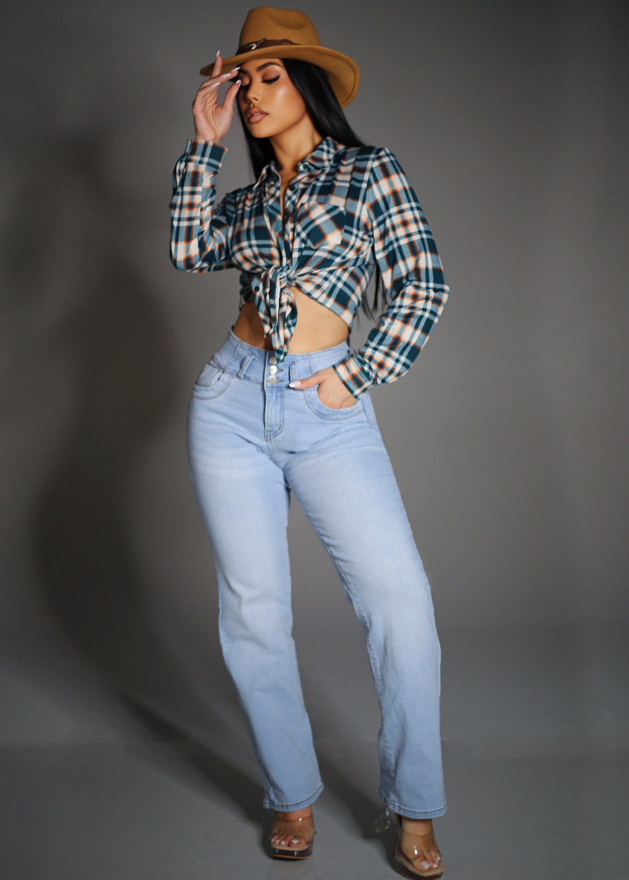 Stretch Long Sleeve Plaid Button Up Collared Blouse Teal