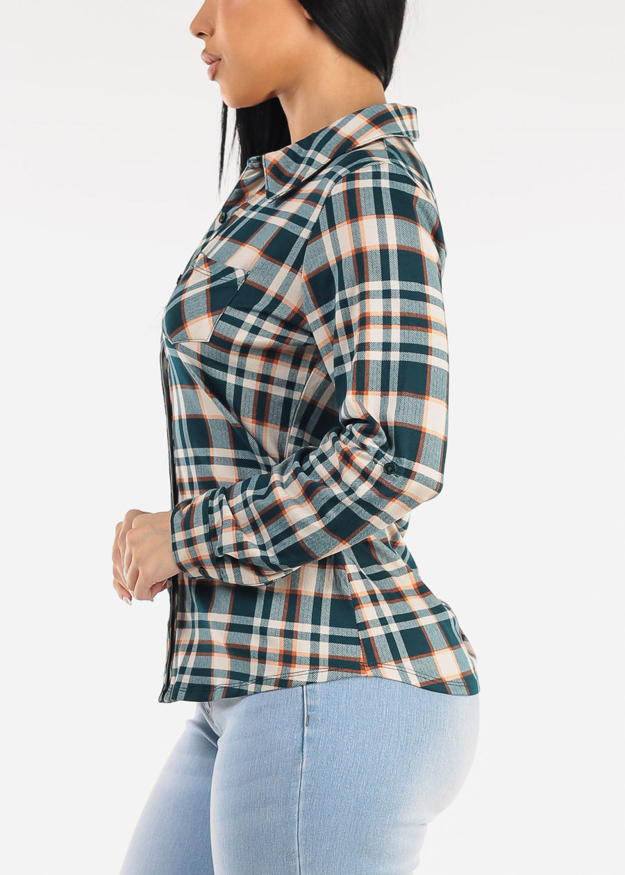 Stretch Long Sleeve Plaid Button Up Collared Blouse Teal
