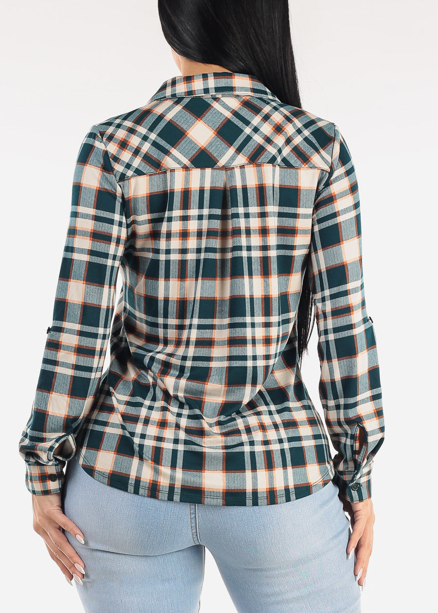 Stretch Long Sleeve Plaid Button Up Collared Blouse Teal