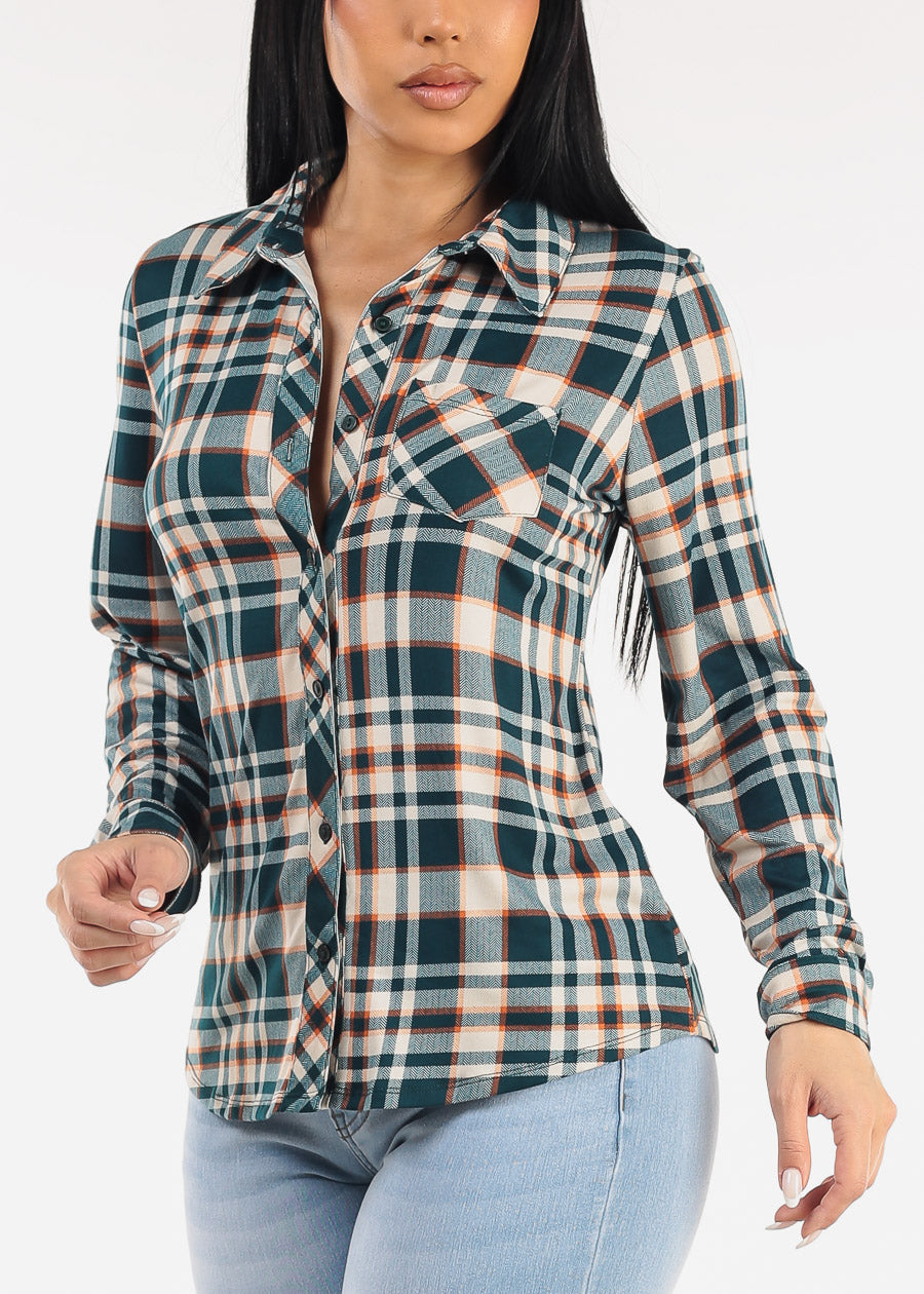 Stretch Long Sleeve Plaid Button Up Collared Blouse Teal