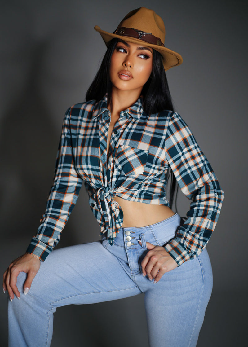 Stretch Long Sleeve Plaid Button Up Collared Blouse Teal