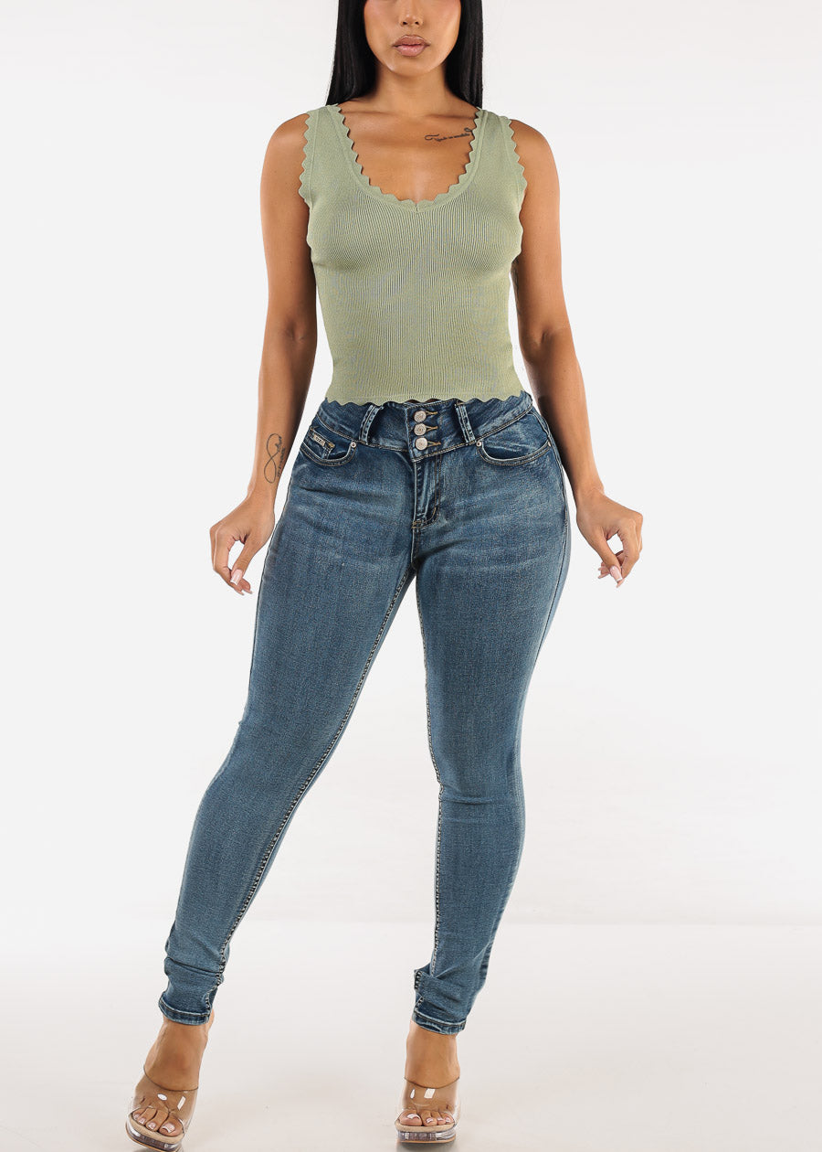 Sleeveless Vneck Stretchy Blouse Light Olive w Scallop Trim