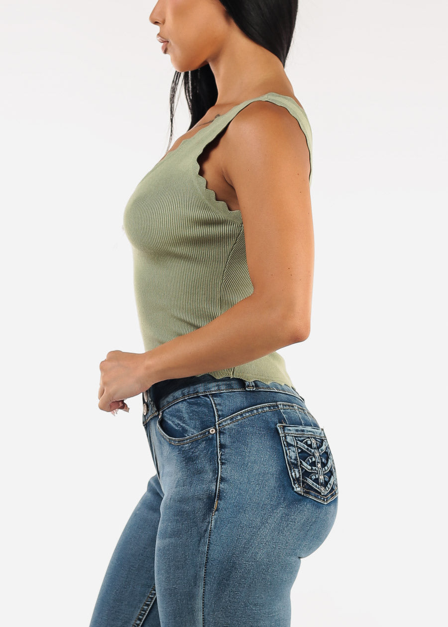 Sleeveless Vneck Stretchy Blouse Light Olive w Scallop Trim