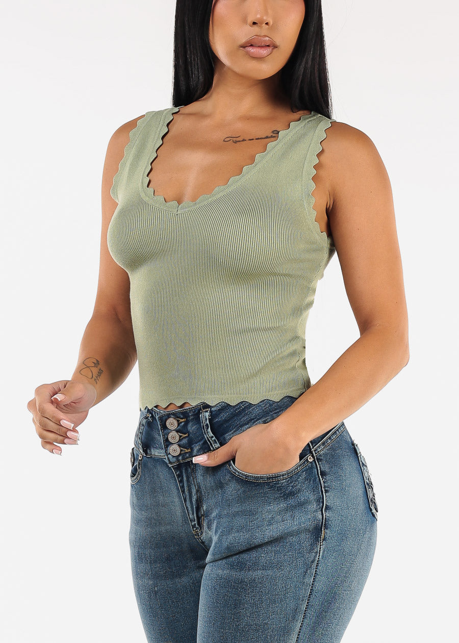 Sleeveless Vneck Stretchy Blouse Light Olive w Scallop Trim