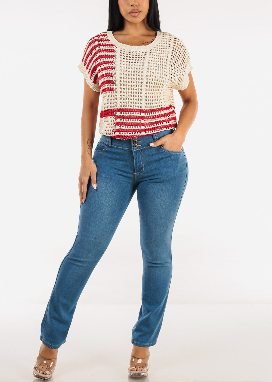 Short Sleeve Multi Stripe Crochet Knit Top Beige