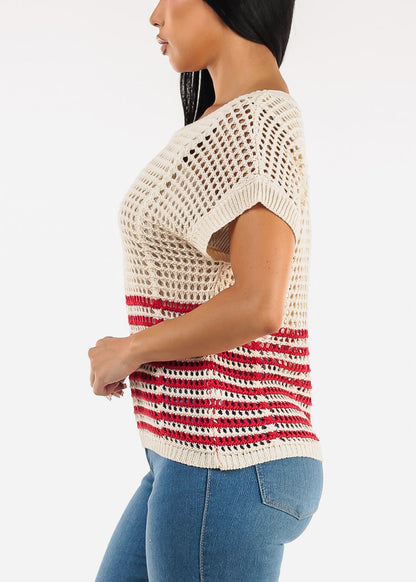 Short Sleeve Multi Stripe Crochet Knit Top Beige