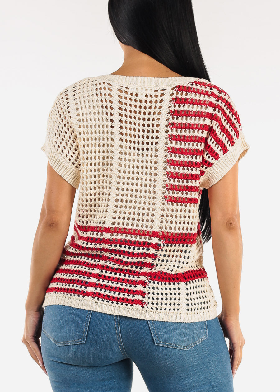 Short Sleeve Multi Stripe Crochet Knit Top Beige