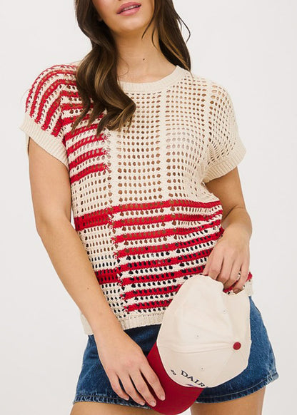 Short Sleeve Multi Stripe Crochet Knit Top Beige
