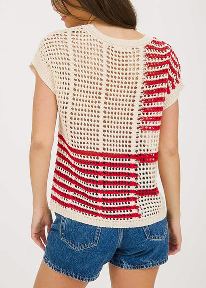 Short Sleeve Multi Stripe Crochet Knit Top Beige