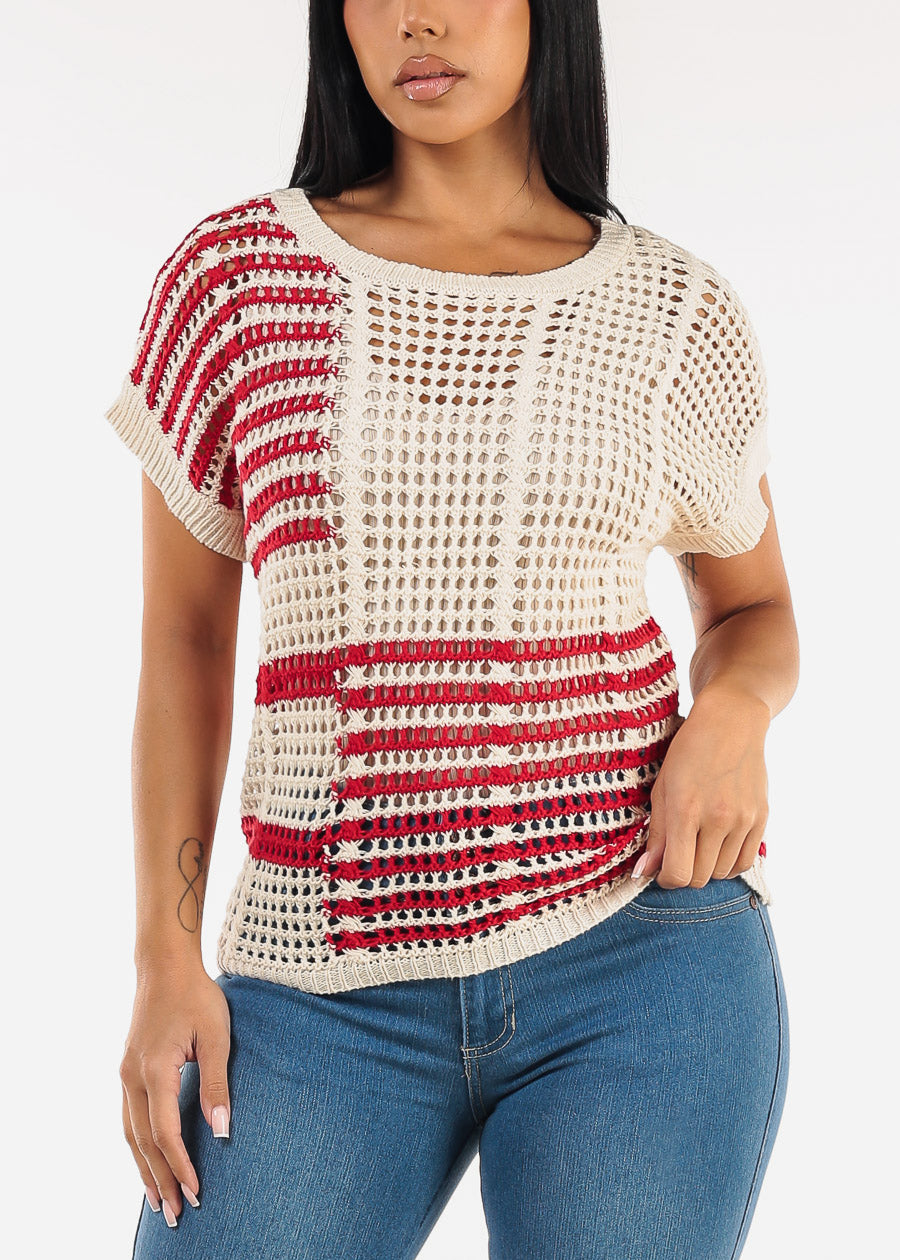 Short Sleeve Multi Stripe Crochet Knit Top Beige