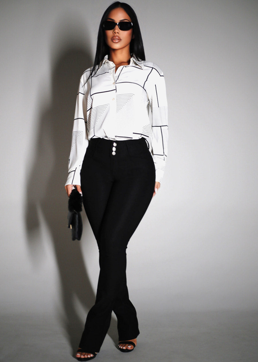 Long Sleeve Printed Collared Blouse Cream