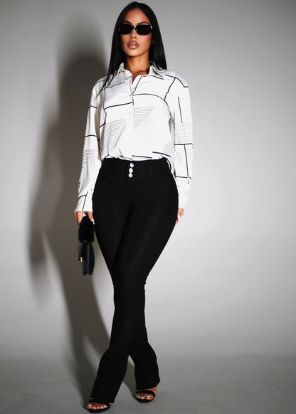 Long Sleeve Printed Collared Blouse Cream