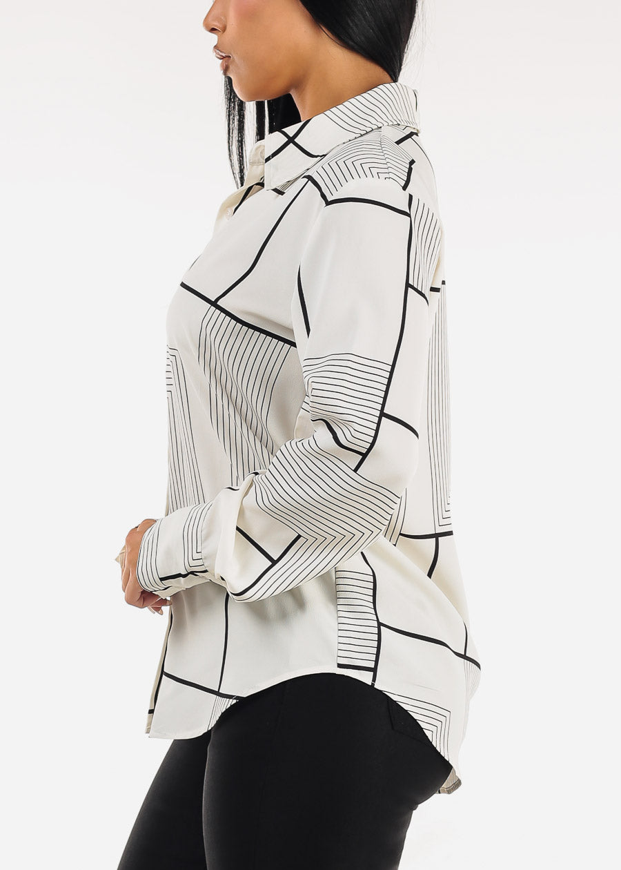 Long Sleeve Printed Collared Blouse Cream