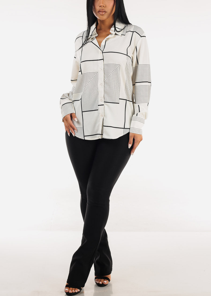 Long Sleeve Printed Collared Blouse Cream