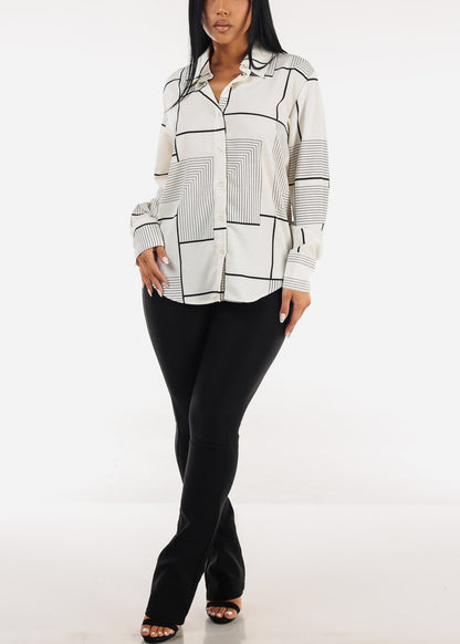 Long Sleeve Printed Collared Blouse Cream