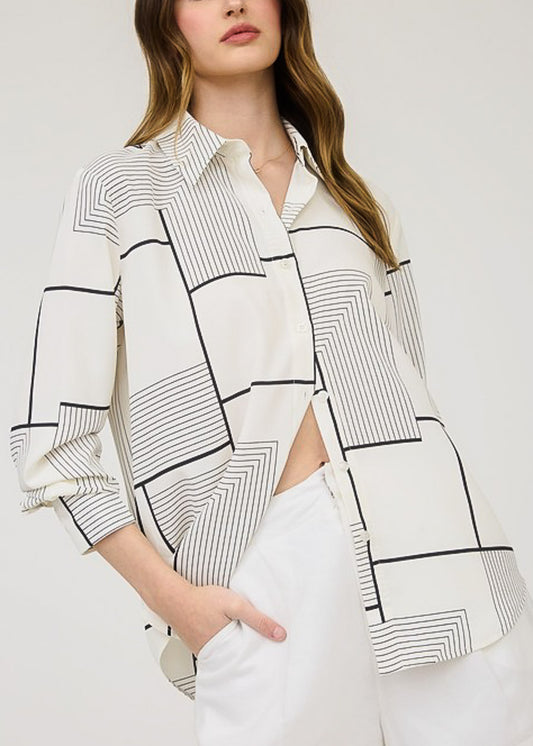 Long Sleeve Printed Collared Blouse Cream