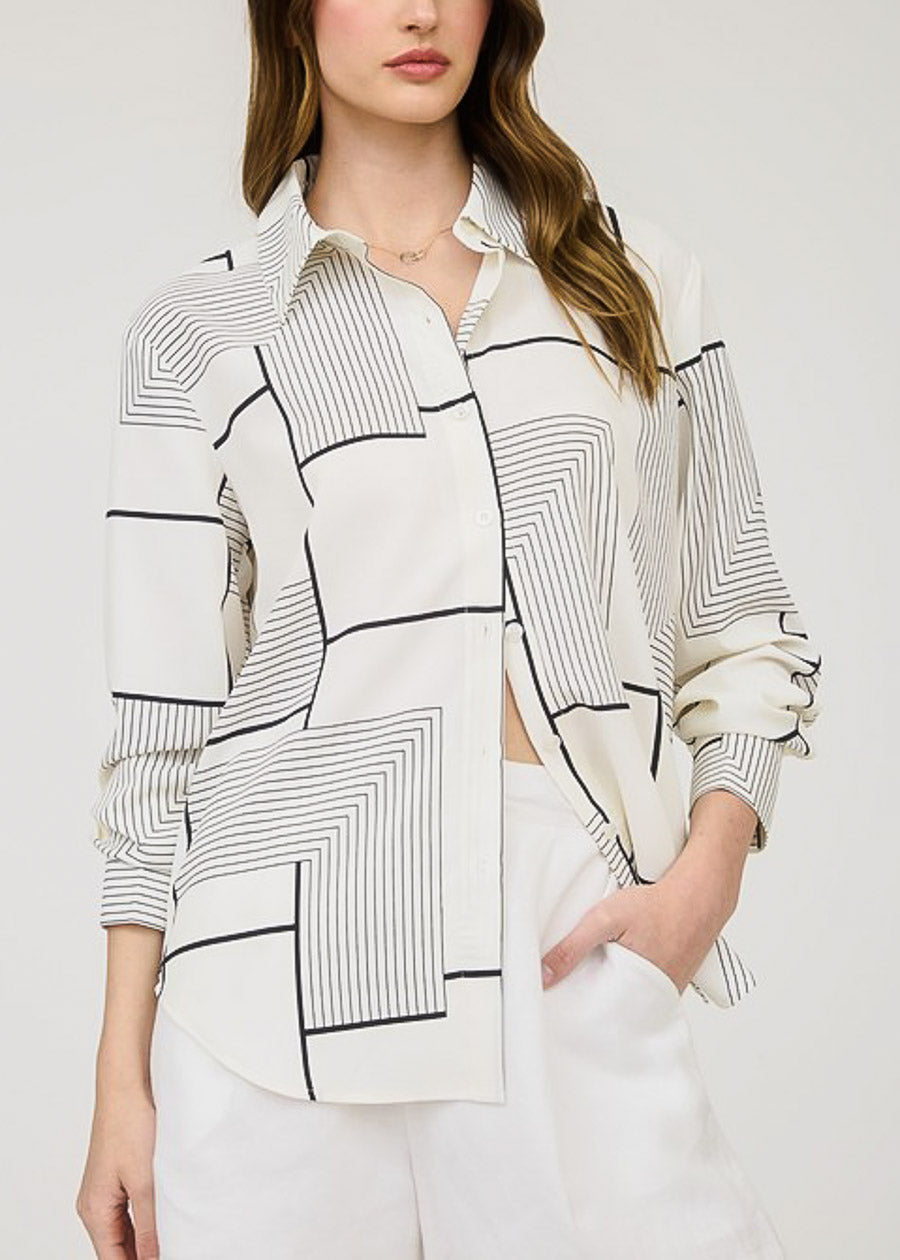Long Sleeve Printed Collared Blouse Cream