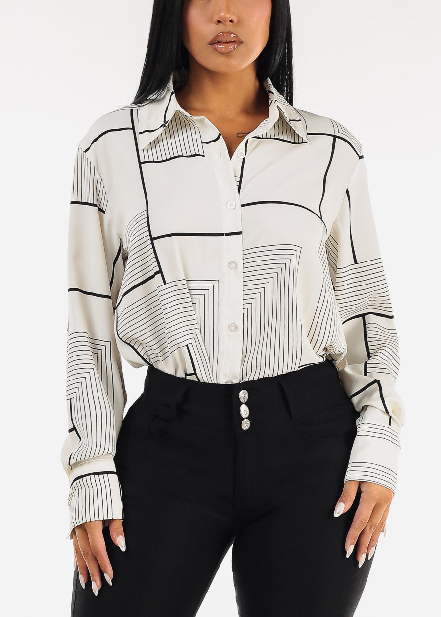 Long Sleeve Printed Collared Blouse Cream