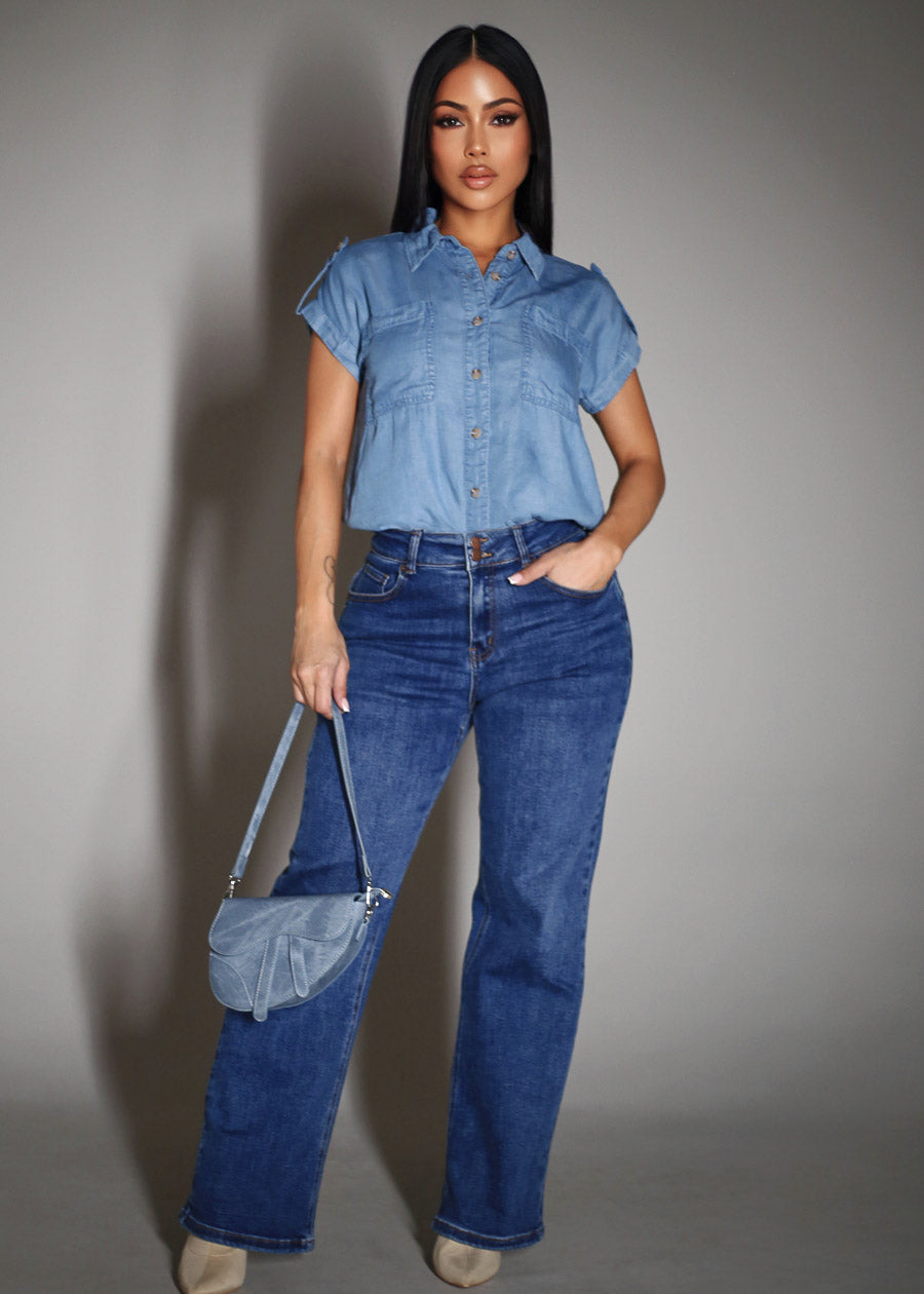 Short Sleeve Button Up Lightweight Denim Blouse Blue