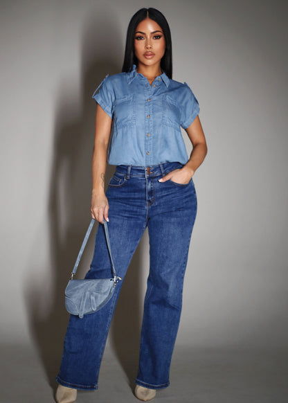 Short Sleeve Button Up Lightweight Denim Blouse Blue
