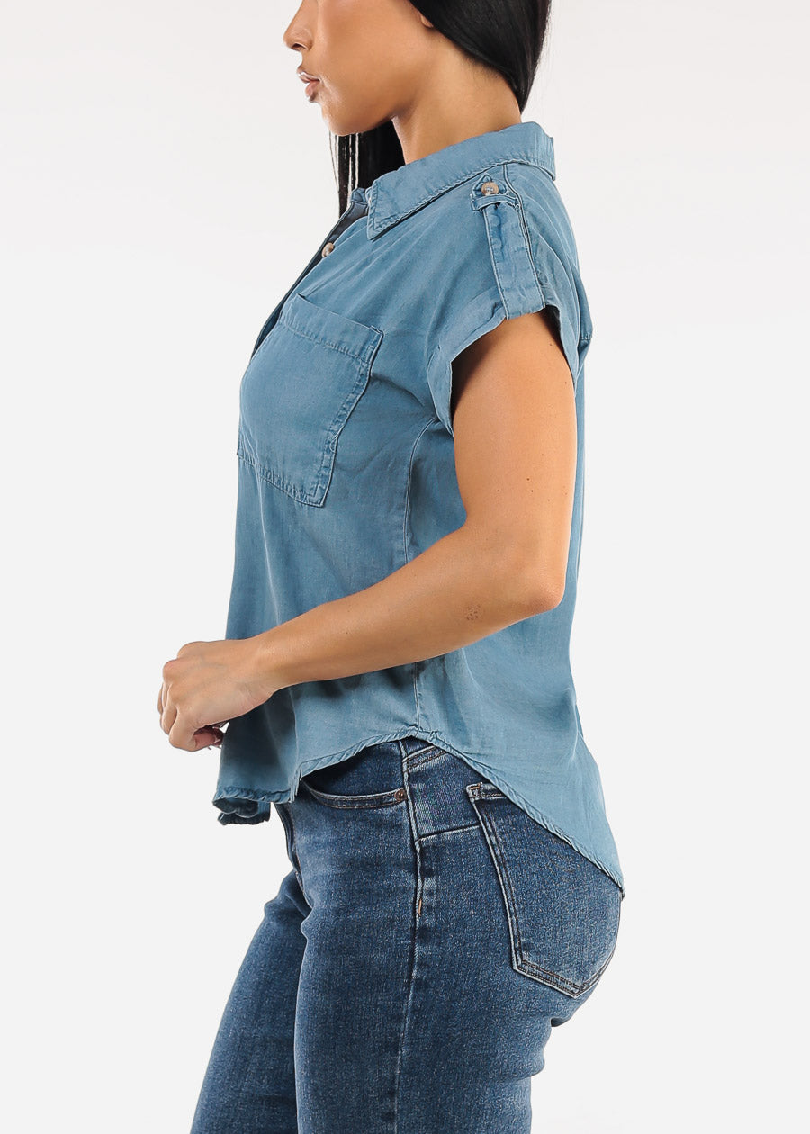 Short Sleeve Button Up Lightweight Denim Blouse Blue