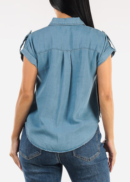 Short Sleeve Button Up Lightweight Denim Blouse Blue