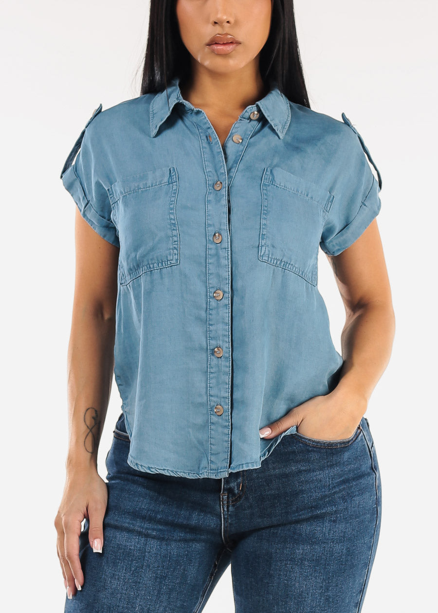Short Sleeve Button Up Lightweight Denim Blouse Blue