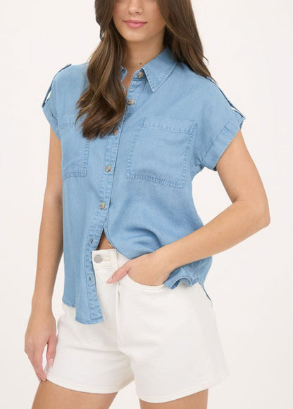 Short Sleeve Button Up Lightweight Denim Blouse Blue