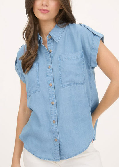 Short Sleeve Button Up Lightweight Denim Blouse Blue