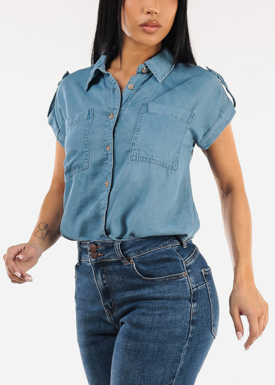 Short Sleeve Button Up Lightweight Denim Blouse Blue