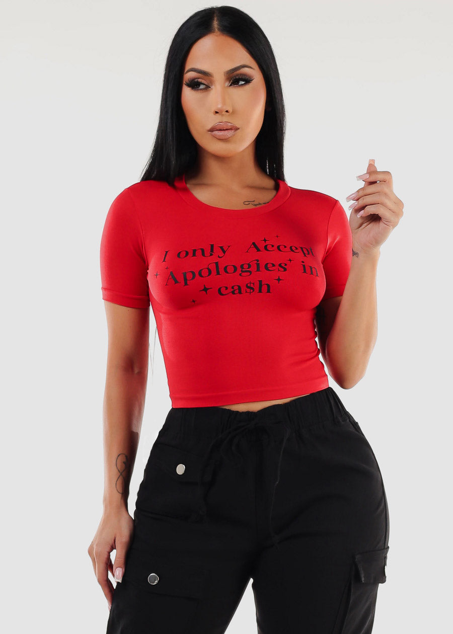 Short Sleeve Red Graphic Crop Top 