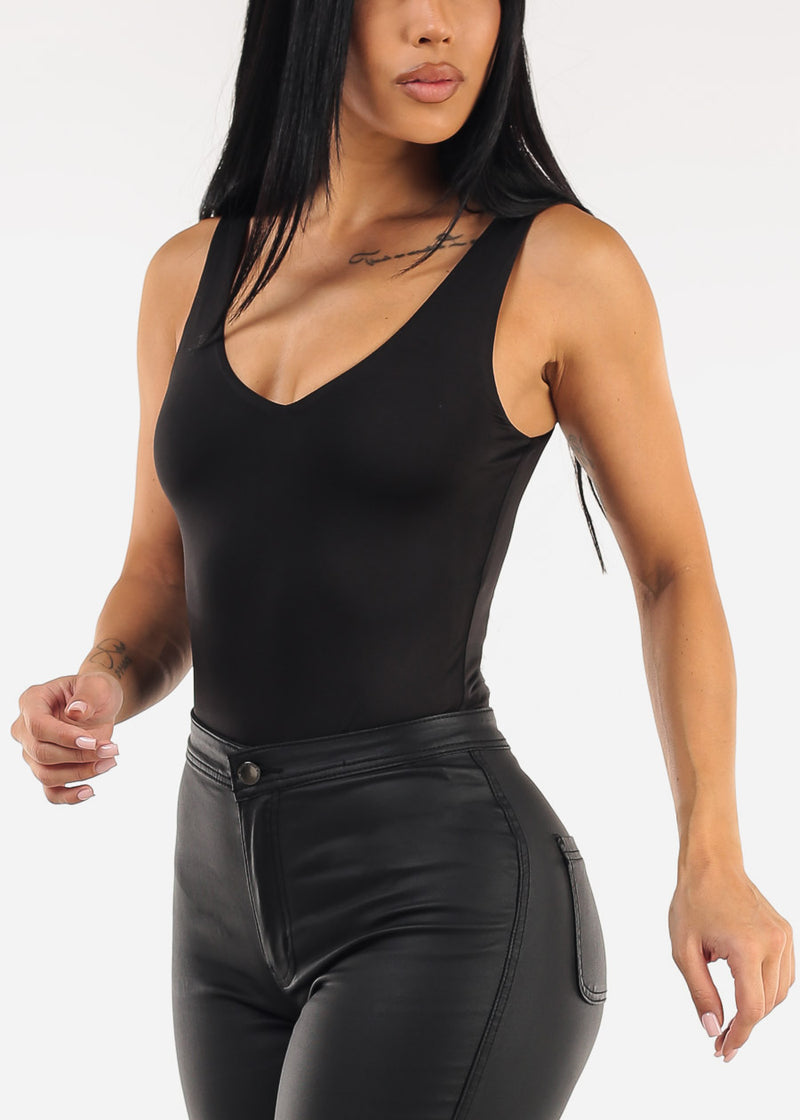 Black Sleeveless Vneck Stretch Thong Bodysuit