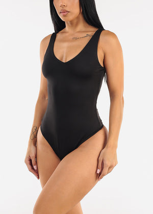 Black Sleeveless Vneck Stretch Thong Bodysuit