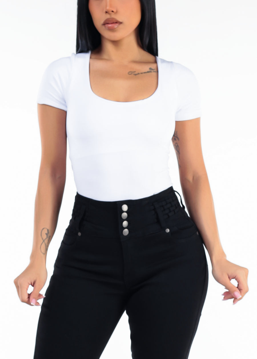 White Short Sleeve Scoop Neck Stretch Bodysuit