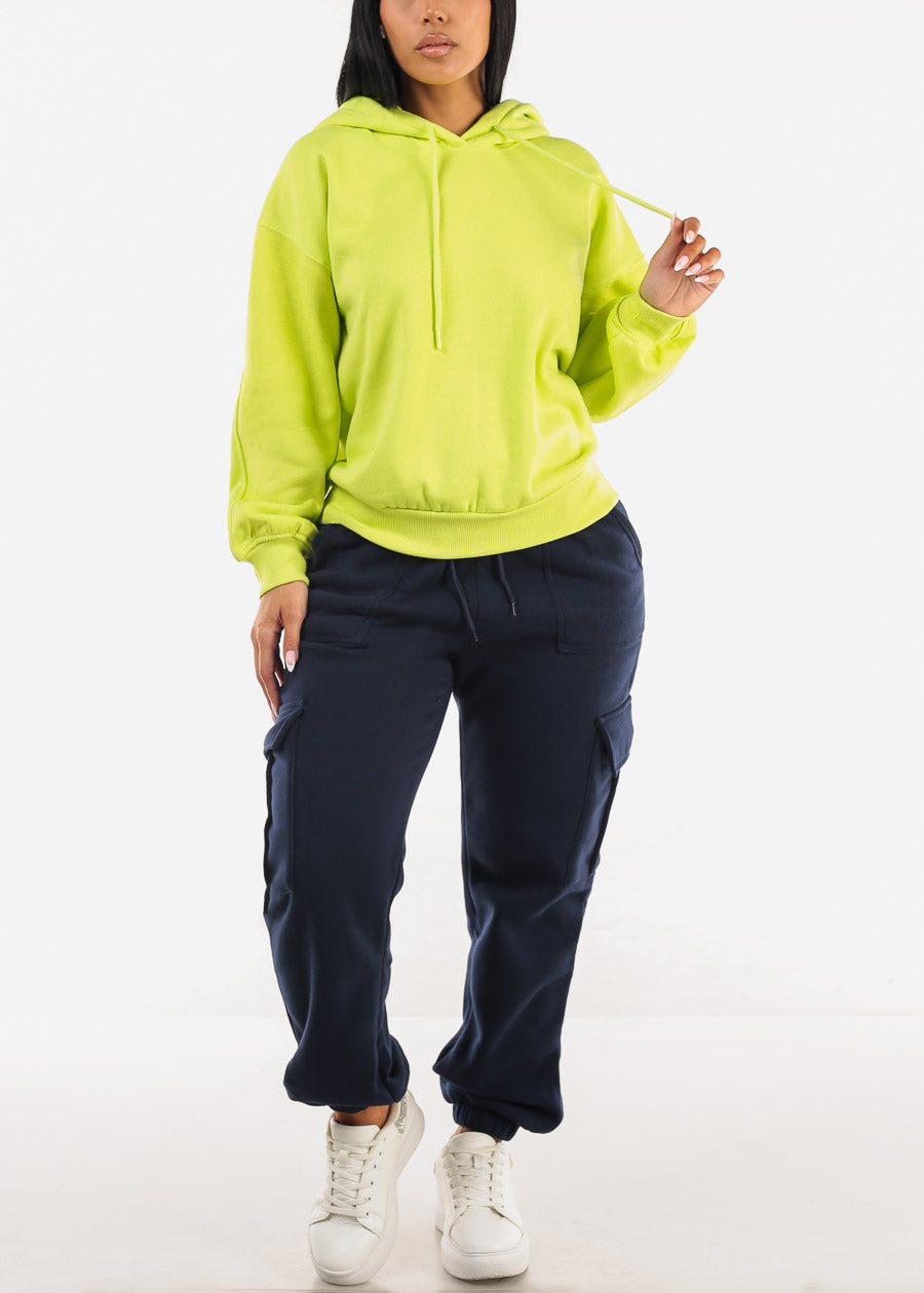 Long Sleeve Relaxed Fit Fleece Pullover Hoodie Neon Green