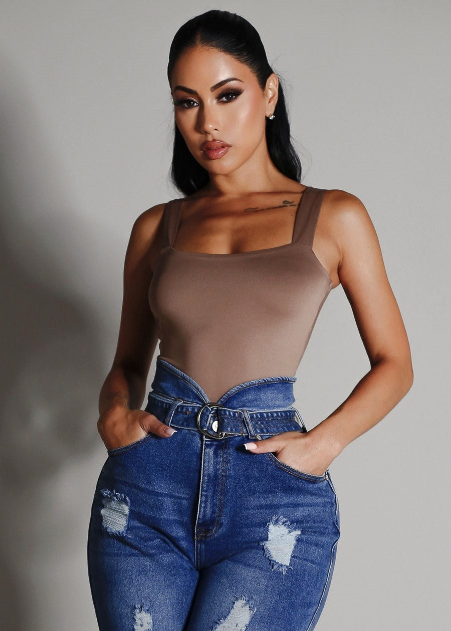 Sleeveless Square Neck Stretchy Top Dark Taupe