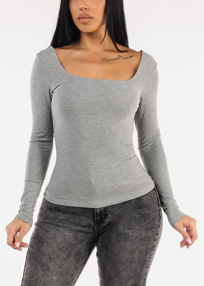 Stretchy Long Sleeve Square Neck Ribbed Top Grey