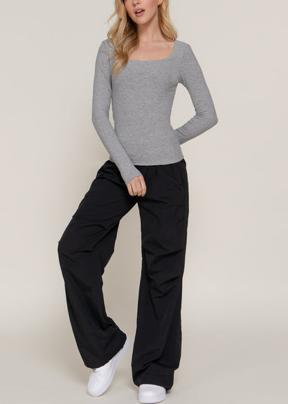 Stretchy Long Sleeve Square Neck Ribbed Top Grey