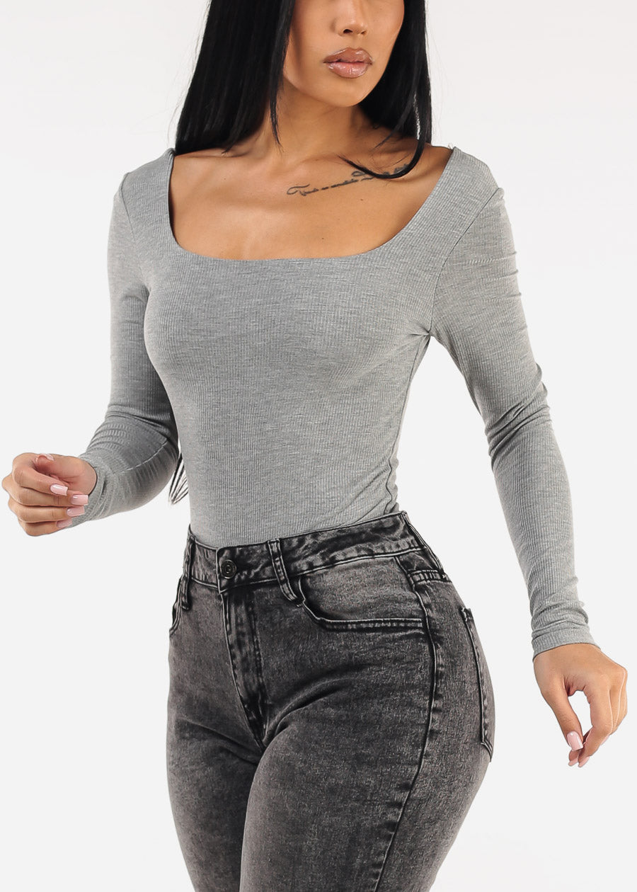 Stretchy Long Sleeve Square Neck Ribbed Top Grey