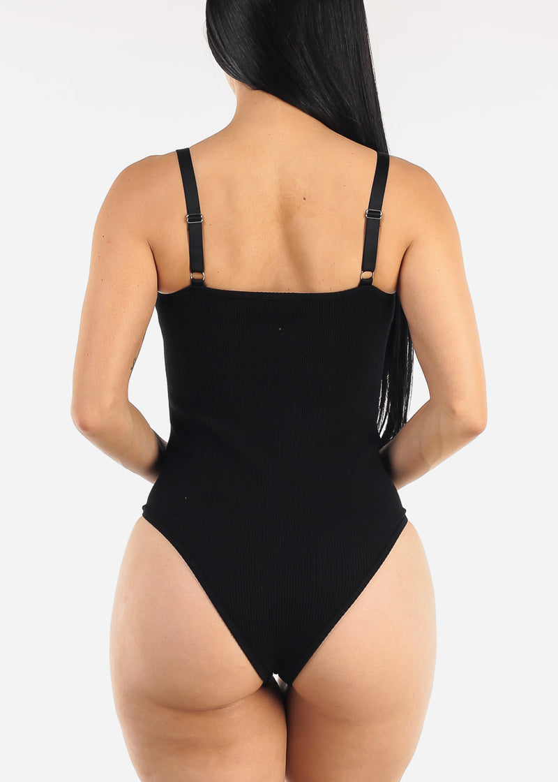 Stretch Sleeveless Vneck Ribbed Bodysuit Black