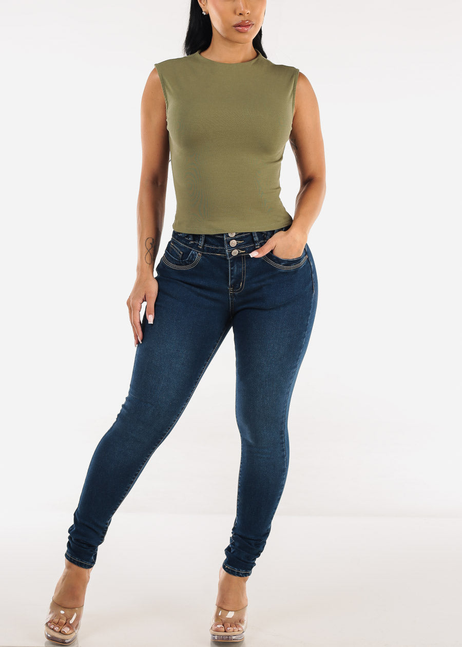 Sleeveless Mock Neck Stretchy Top Olive