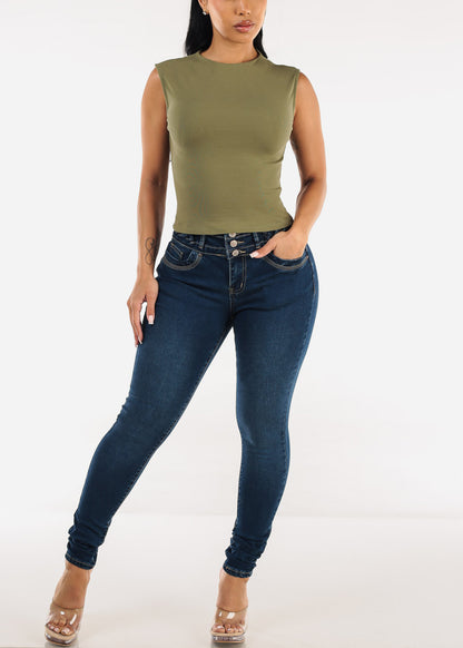 Sleeveless Mock Neck Stretchy Top Olive