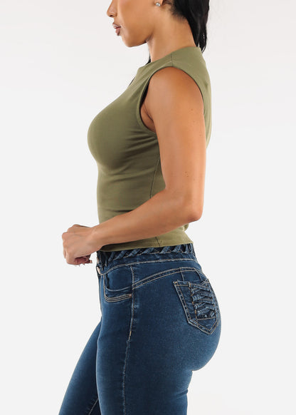 Sleeveless Mock Neck Stretchy Top Olive
