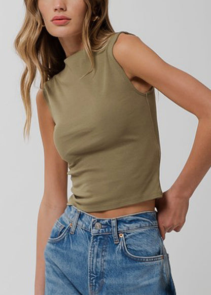 Sleeveless Mock Neck Stretchy Top Olive